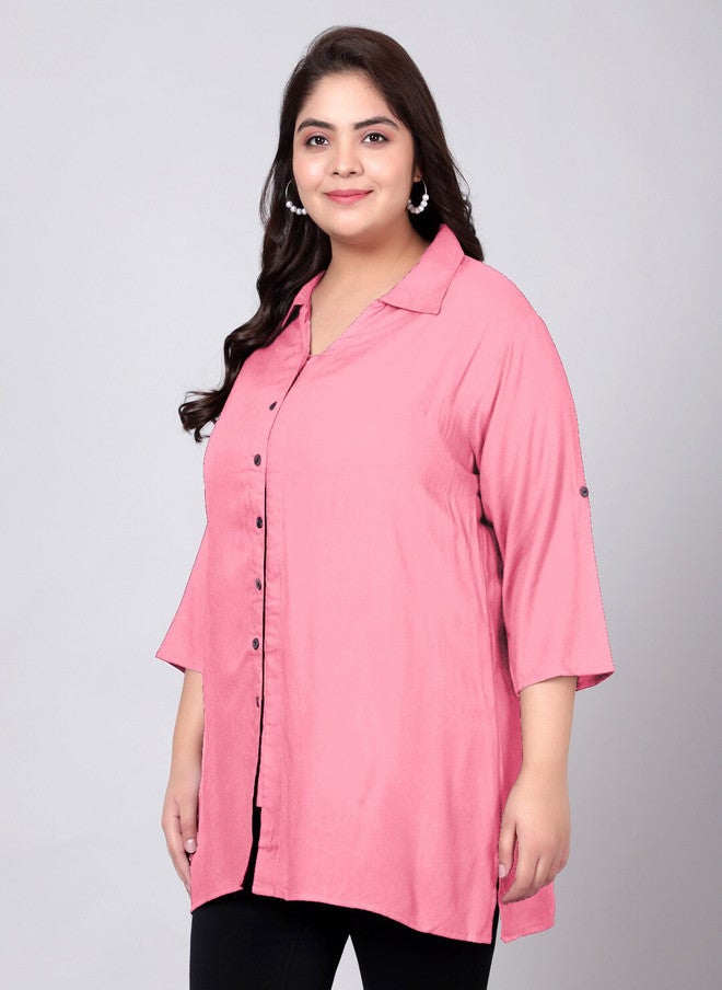 Indietoga Plus Size Classic Spread Collar Longline Casual Shirt - Image 4